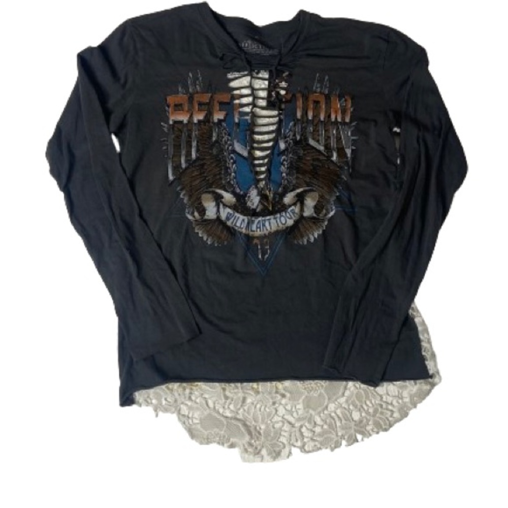 Affliction Long Sleeve Low Cut Sheer Lace Back Tee Shirt